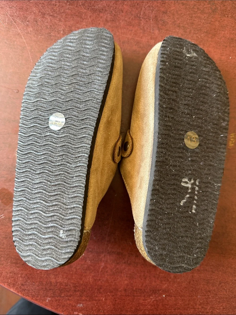 ##117, Girl size 13, White Mountain Tan Suede Kids Slip-On Clogs with Buckle